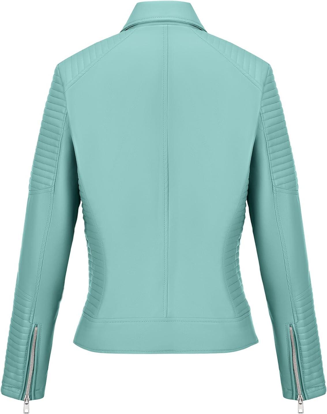 imageWomens Faux Leather Jacket Spring Motorcycle Biker Clothes Outfits Short Fashion PU Casual CoatAcid Blue