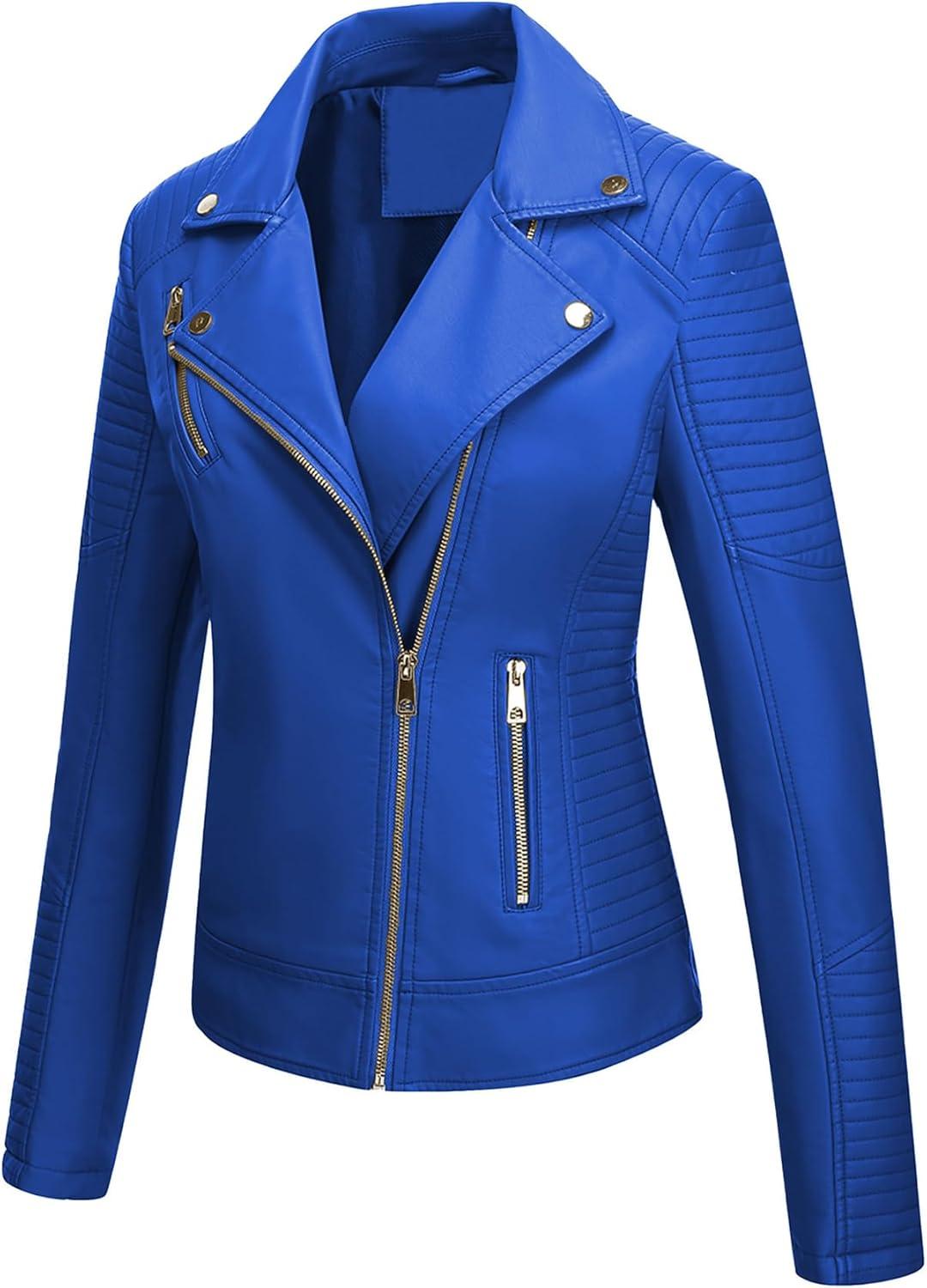 imageWomens Faux Leather Jacket Spring Motorcycle Biker Clothes Outfits Short Fashion PU Casual CoatBlue
