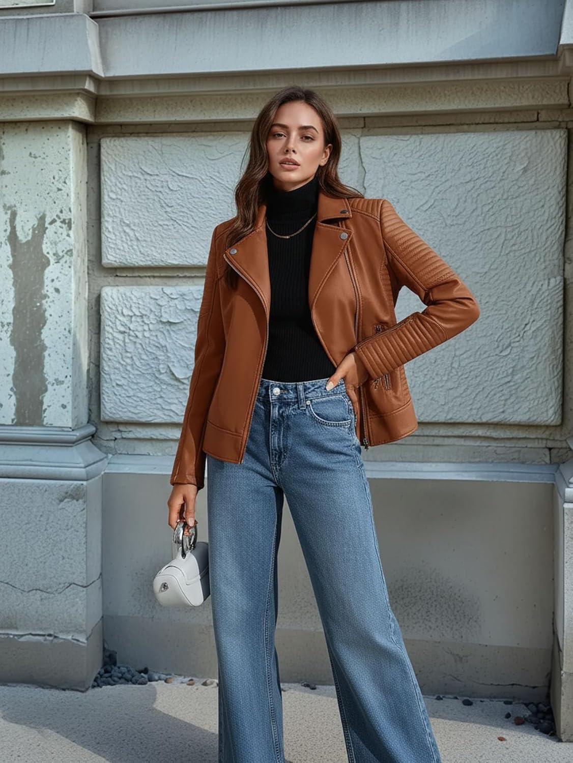 imageWomens Faux Leather Jacket Spring Motorcycle Biker Clothes Outfits Short Fashion PU Casual CoatBrown