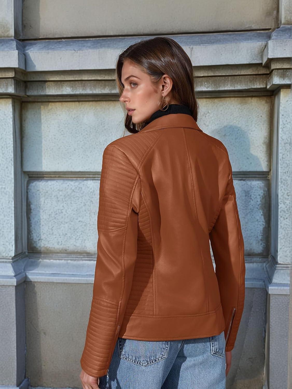 imageWomens Faux Leather Jacket Spring Motorcycle Biker Clothes Outfits Short Fashion PU Casual CoatBrown