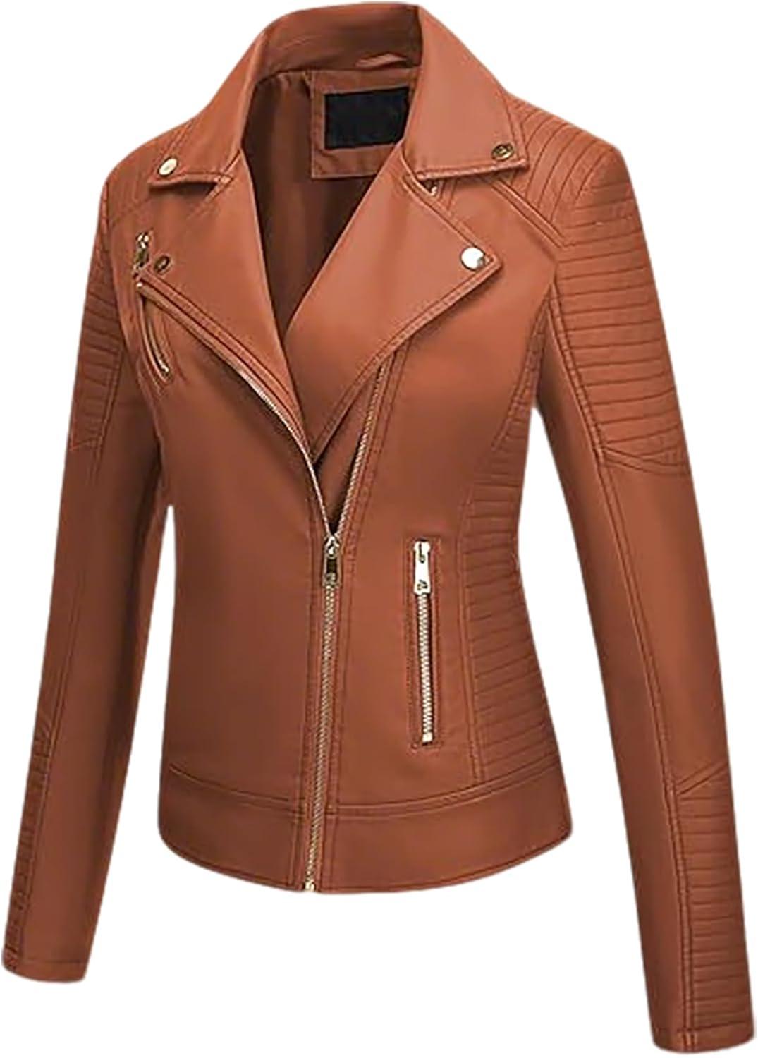 imageWomens Faux Leather Jacket Spring Motorcycle Biker Clothes Outfits Short Fashion PU Casual CoatBrown