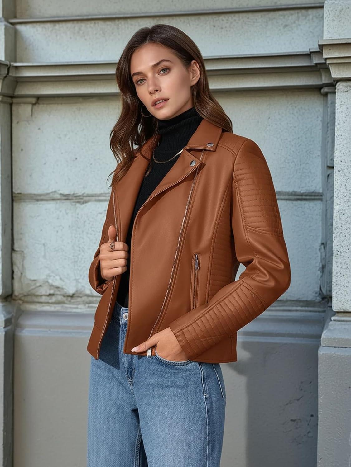 imageWomens Faux Leather Jacket Spring Motorcycle Biker Clothes Outfits Short Fashion PU Casual CoatBrown