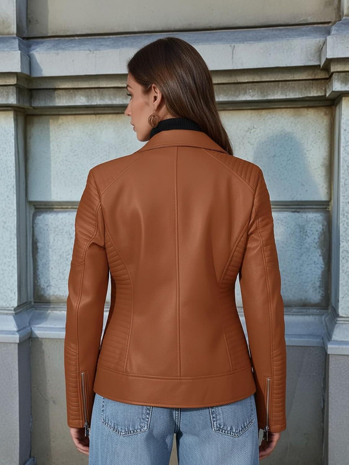 imageWomens Faux Leather Jacket Spring Motorcycle Biker Clothes Outfits Short Fashion PU Casual CoatBrown