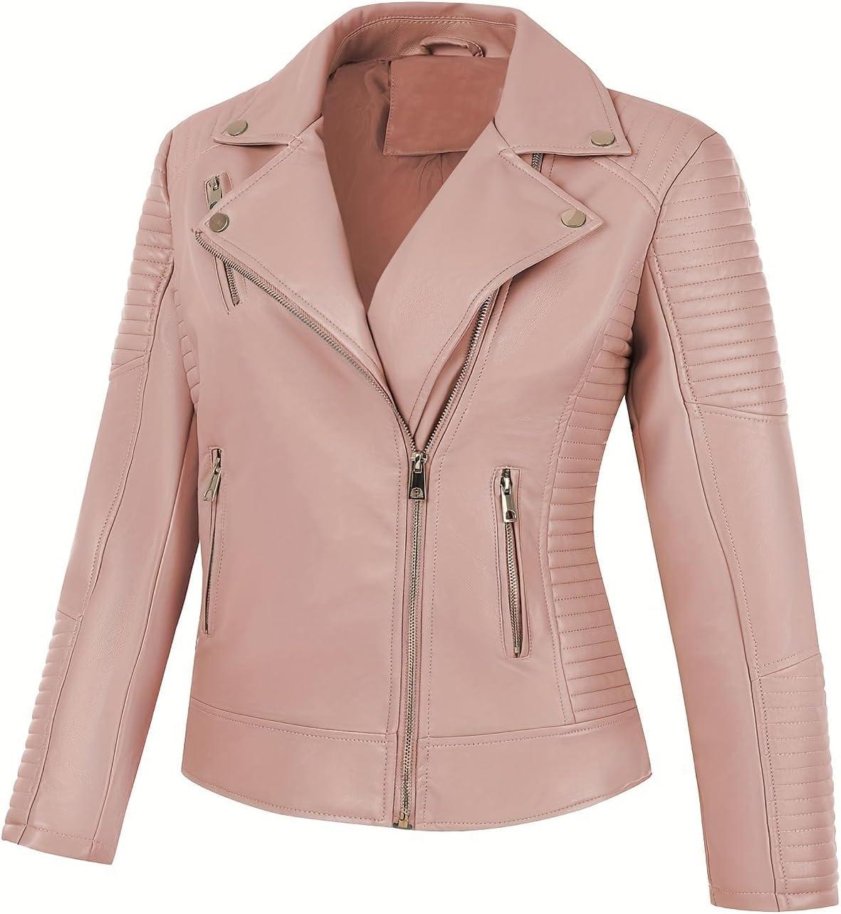imageWomens Faux Leather Jacket Spring Motorcycle Biker Clothes Outfits Short Fashion PU Casual CoatPink