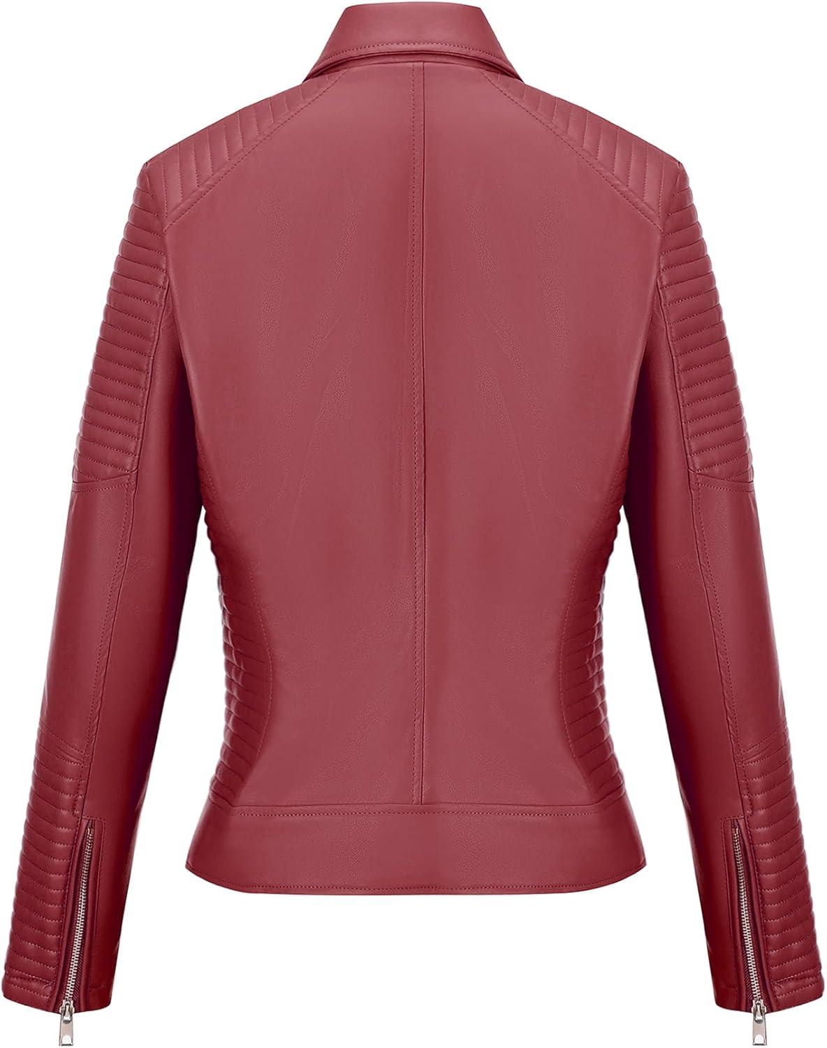 imageWomens Faux Leather Jacket Spring Motorcycle Biker Clothes Outfits Short Fashion PU Casual CoatRed