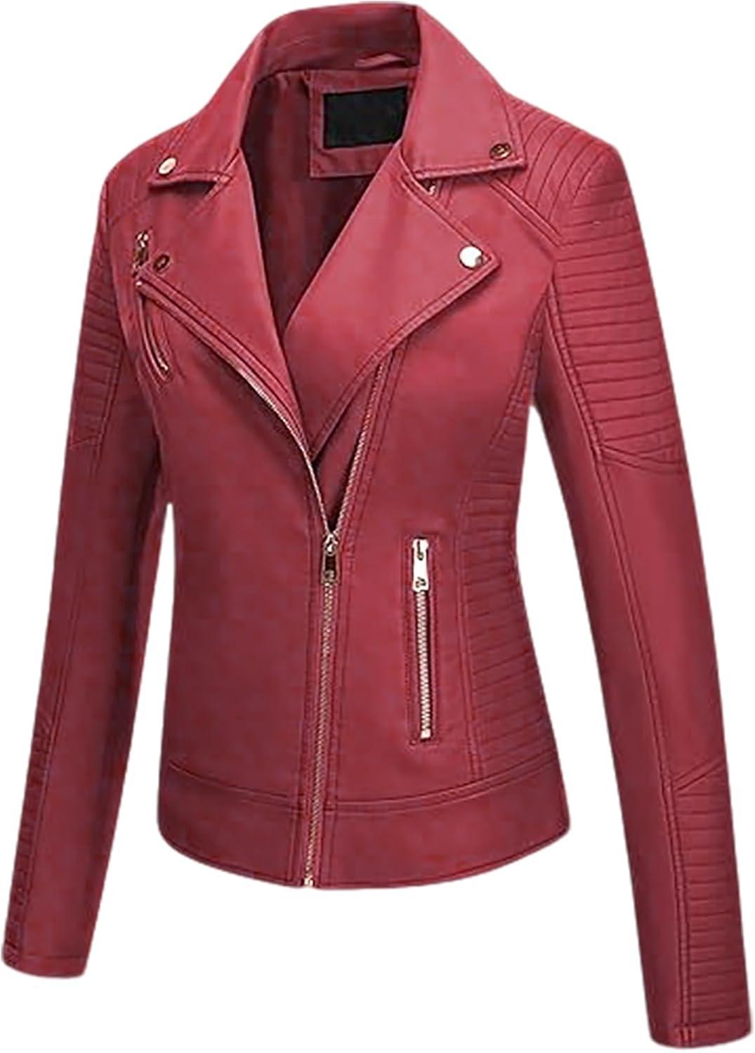 imageWomens Faux Leather Jacket Spring Motorcycle Biker Clothes Outfits Short Fashion PU Casual CoatRed