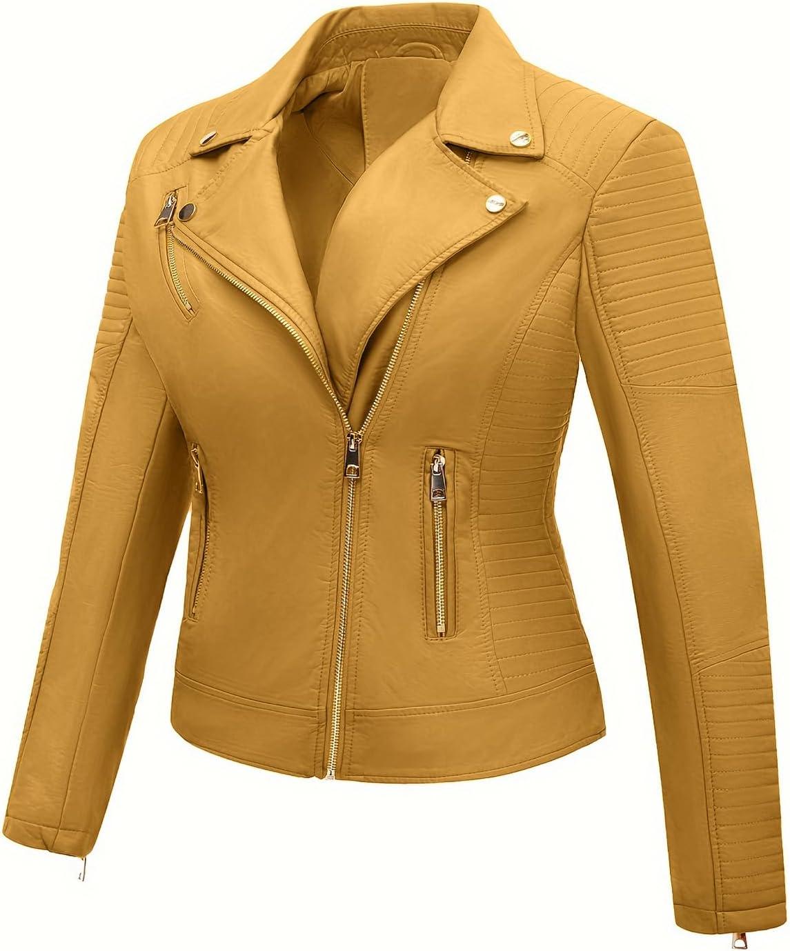 imageWomens Faux Leather Jacket Spring Motorcycle Biker Clothes Outfits Short Fashion PU Casual CoatYellow