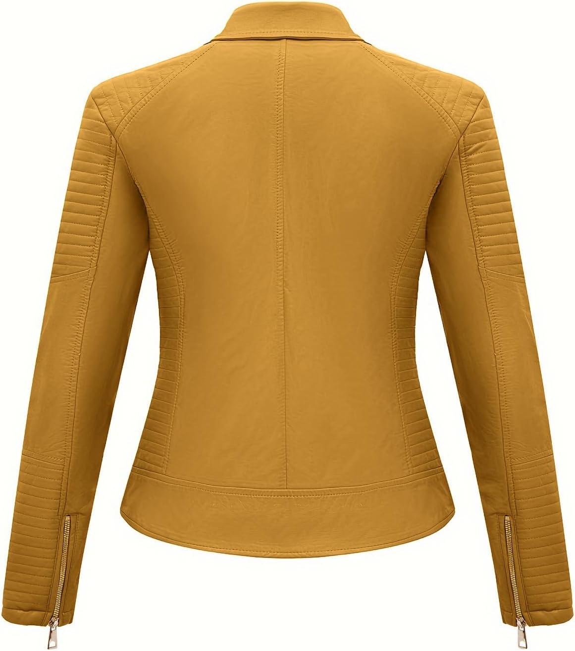 imageWomens Faux Leather Jacket Spring Motorcycle Biker Clothes Outfits Short Fashion PU Casual CoatYellow