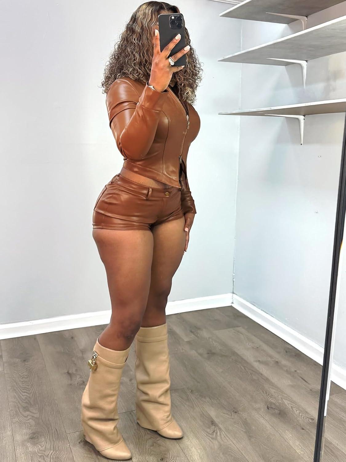imageWomens Leather 2 Piece Sets Long Sleeve Crop Zip Leather Jacket Bodycon Shorts Motorcycle Coat Going Out OutfitsBrown