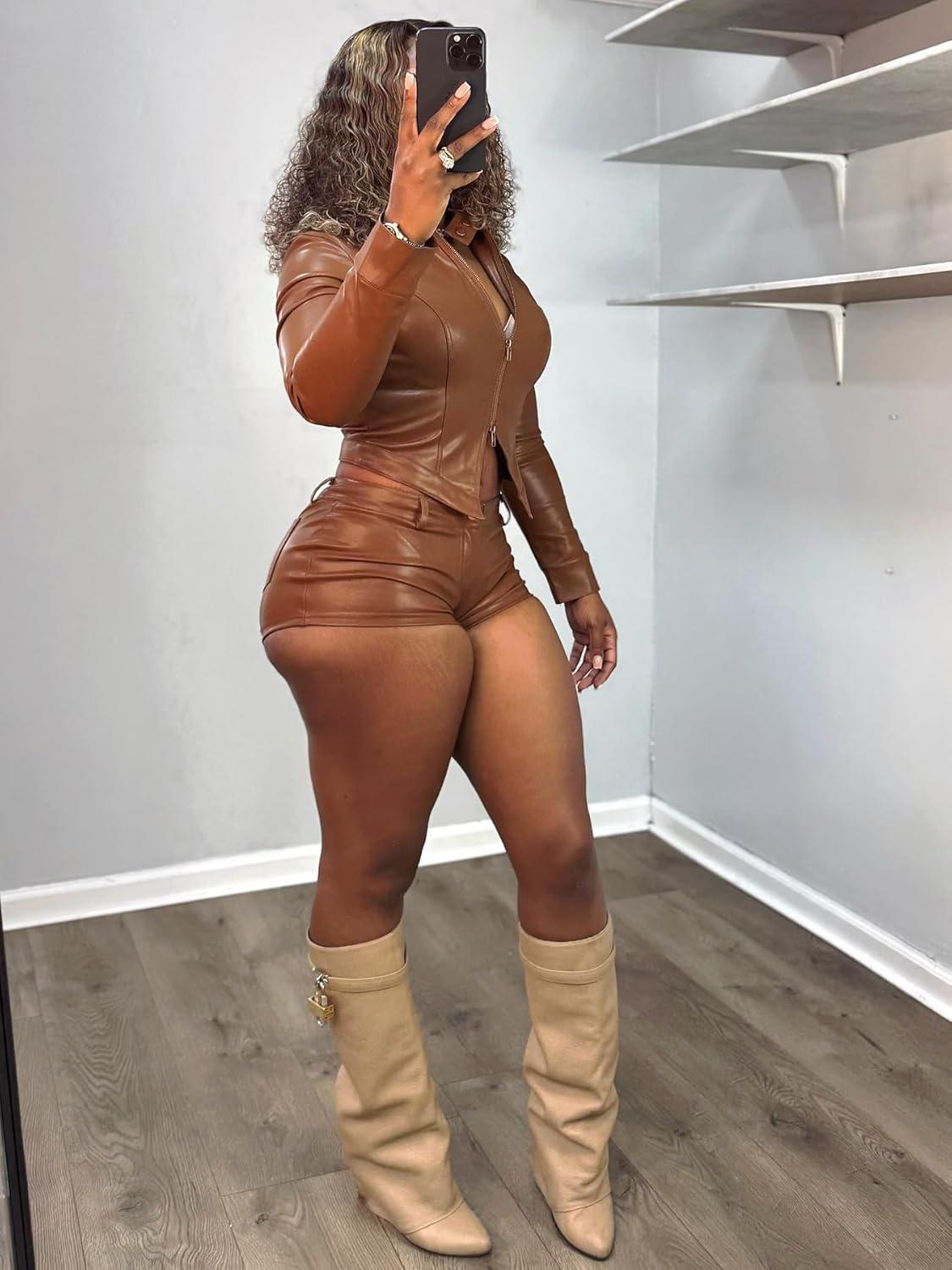 imageWomens Leather 2 Piece Sets Long Sleeve Crop Zip Leather Jacket Bodycon Shorts Motorcycle Coat Going Out OutfitsBrown