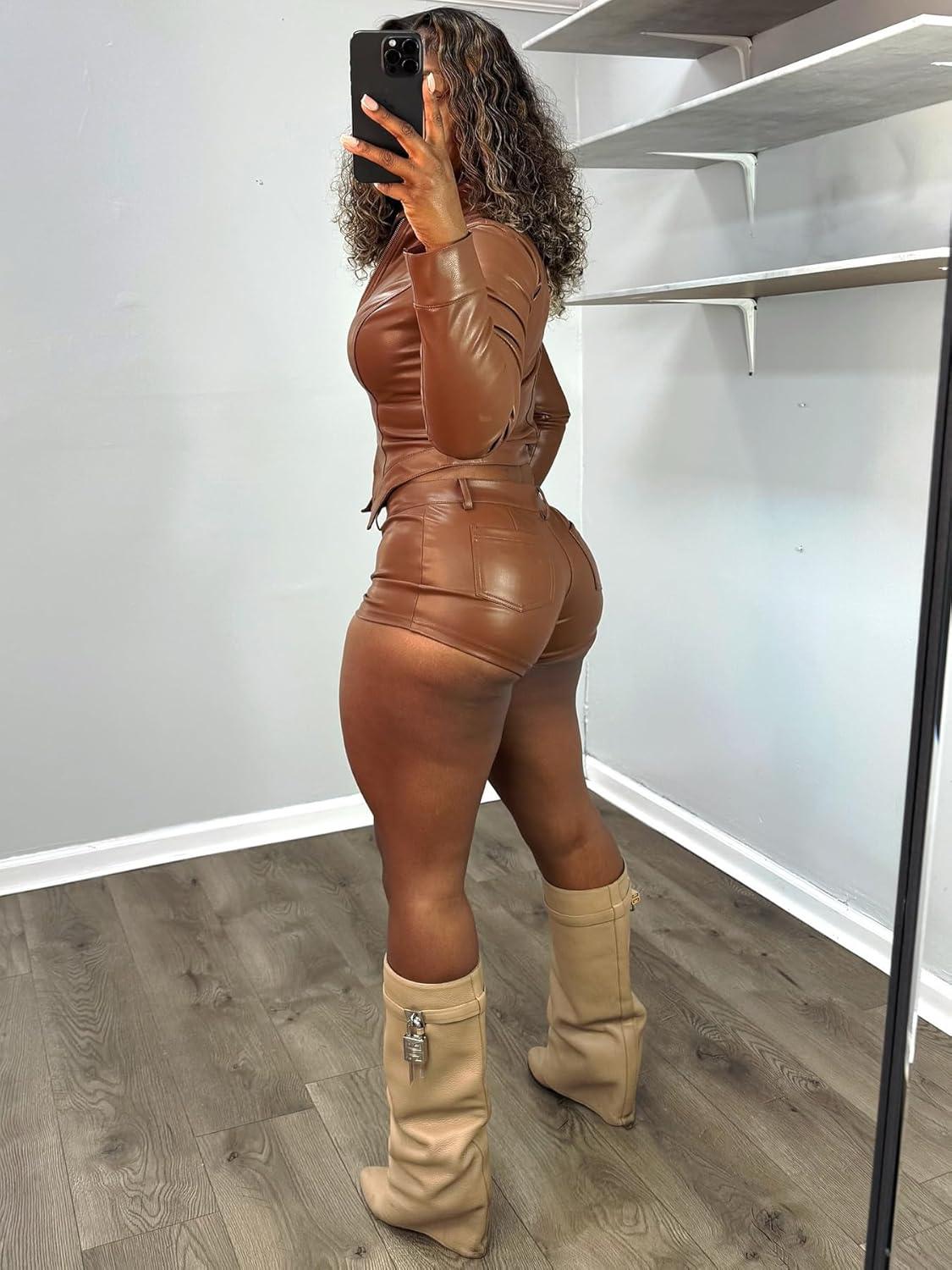 imageWomens Leather 2 Piece Sets Long Sleeve Crop Zip Leather Jacket Bodycon Shorts Motorcycle Coat Going Out OutfitsBrown