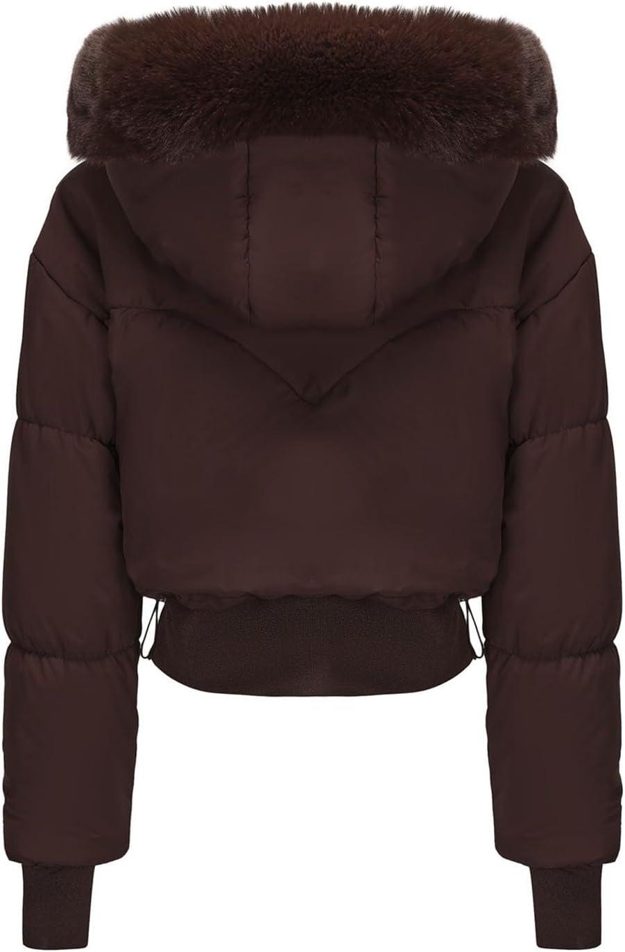 imageWomens Winter Cropped Puffer Jacket Long Sleeve Oversized Stand Collar ZipUp Short Coats with Faux Fur Hood OutwearBrown