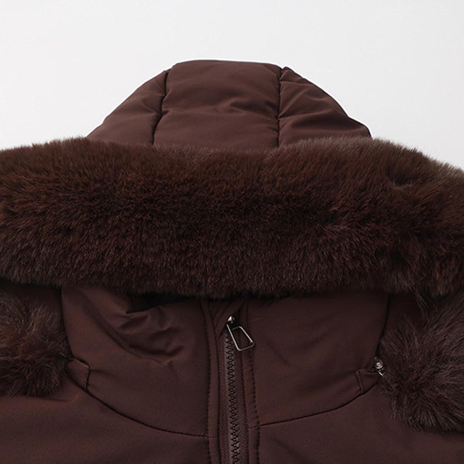 imageWomens Winter Cropped Puffer Jacket Long Sleeve Oversized Stand Collar ZipUp Short Coats with Faux Fur Hood OutwearBrown