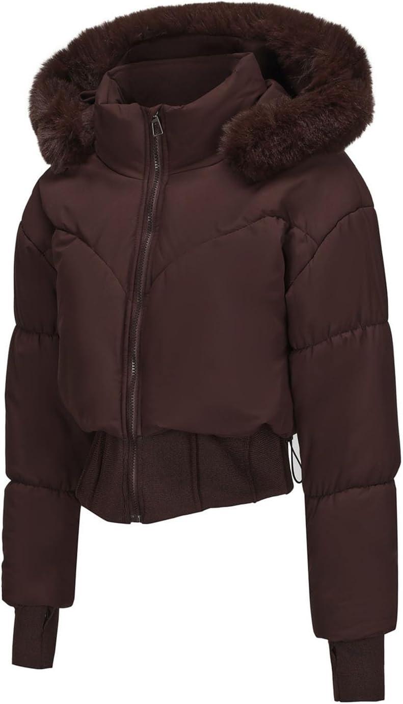 imageWomens Winter Cropped Puffer Jacket Long Sleeve Oversized Stand Collar ZipUp Short Coats with Faux Fur Hood OutwearBrown