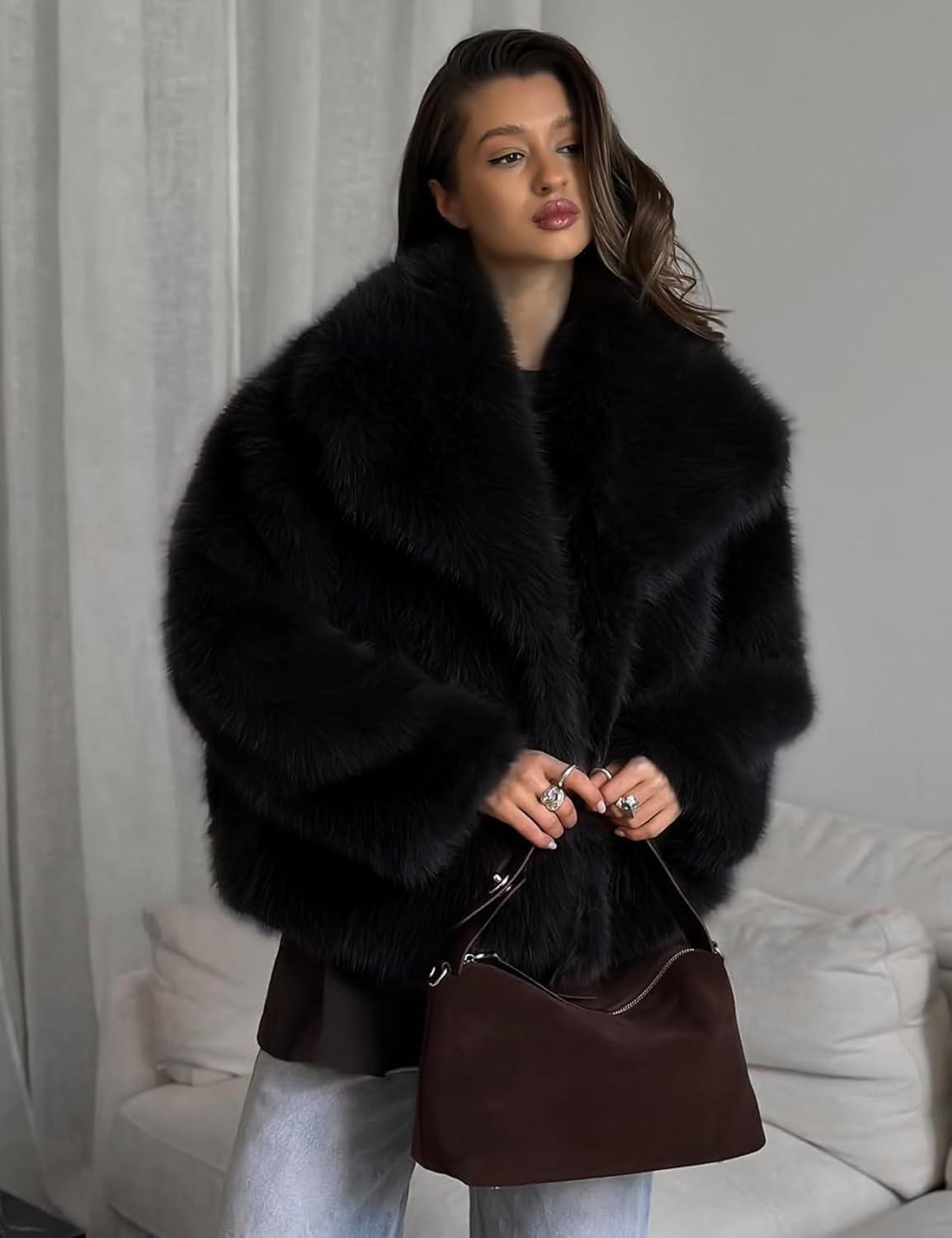 imageYimoon Womens Faux Fur Coat Lapel Open Front Fluffy Shaggy Jacket Winter Warm Furry OvercoatBlack
