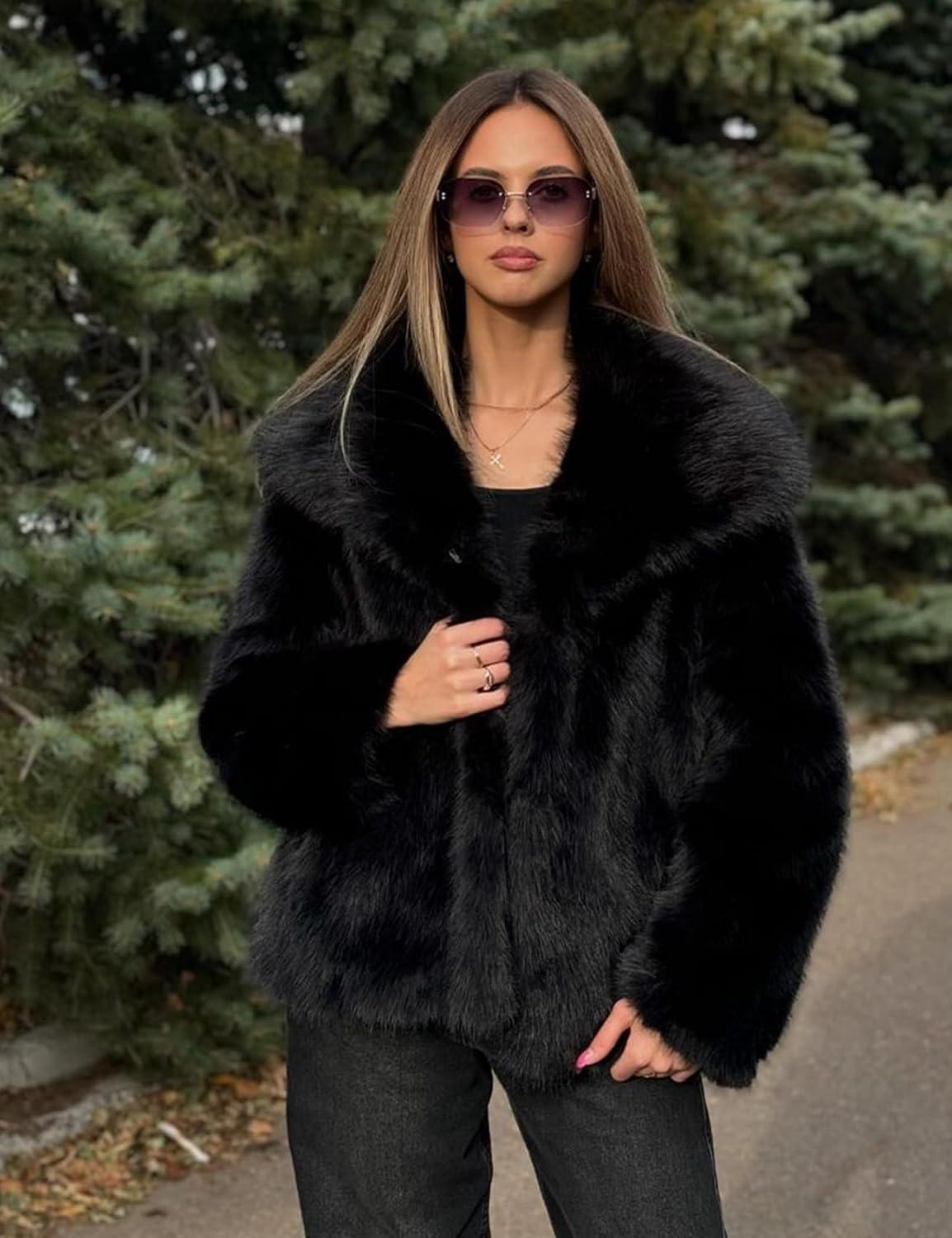 imageYimoon Womens Faux Fur Coat Lapel Open Front Fluffy Shaggy Jacket Winter Warm Furry OvercoatBlack