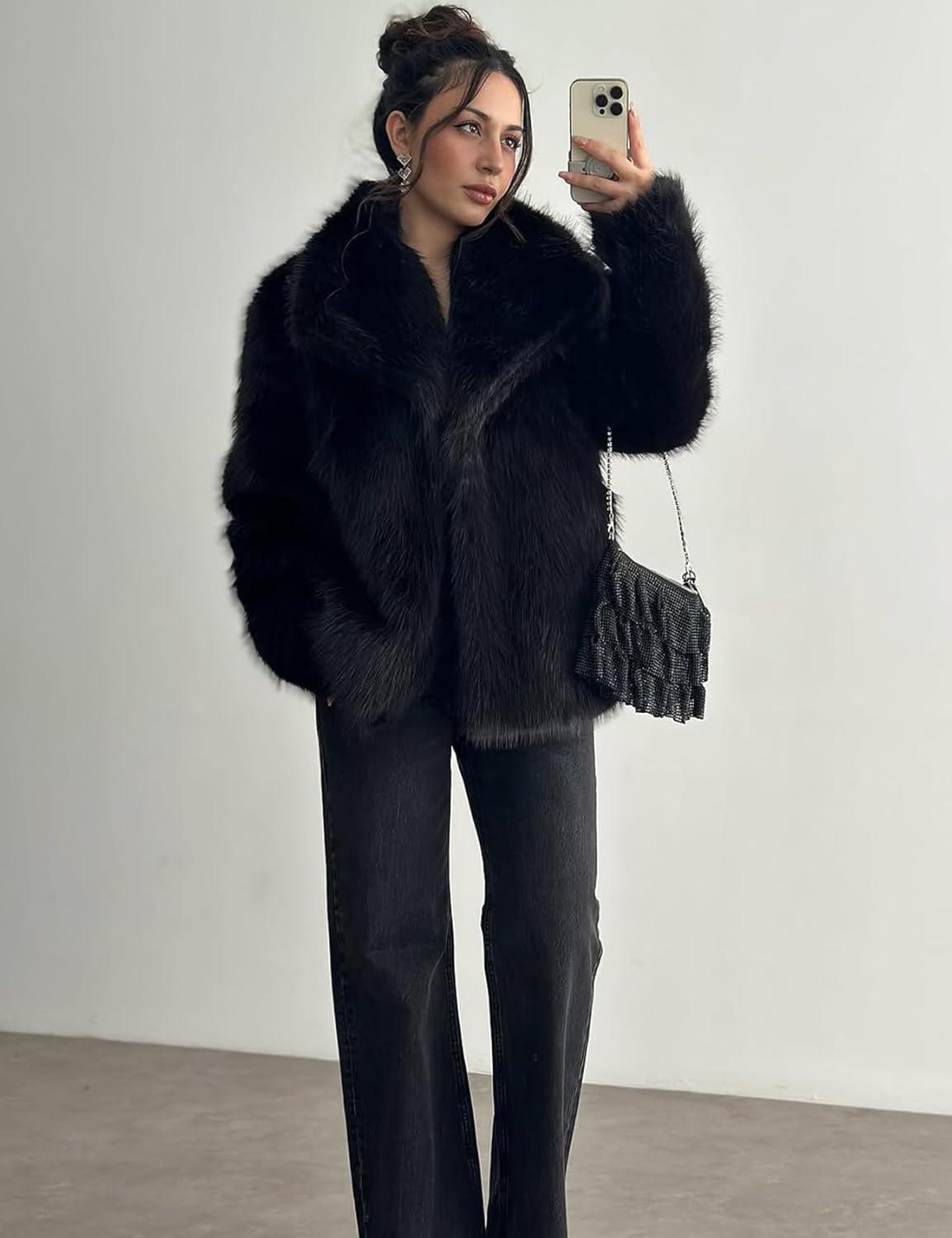 imageYimoon Womens Faux Fur Coat Lapel Open Front Fluffy Shaggy Jacket Winter Warm Furry OvercoatBlack