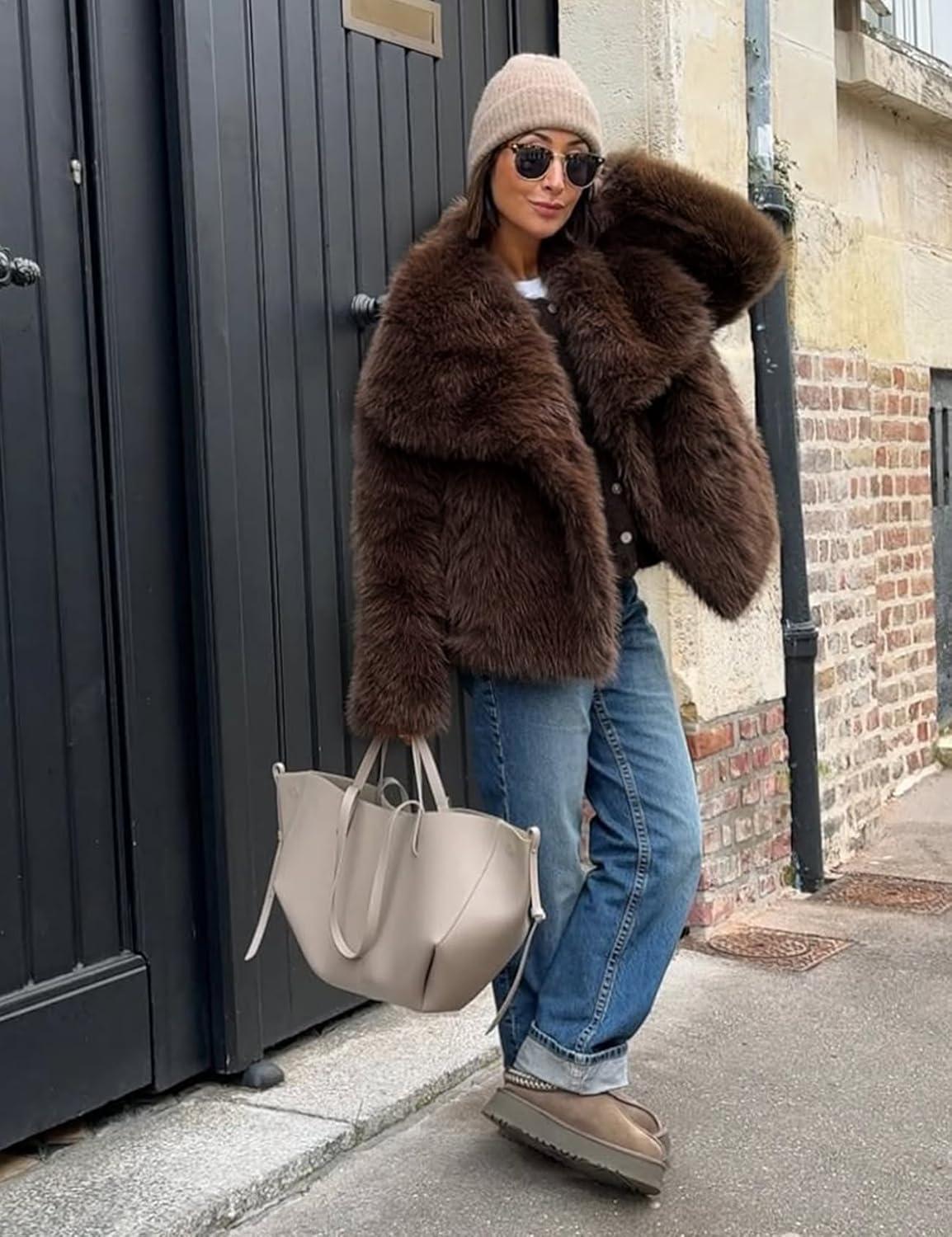imageYimoon Womens Faux Fur Coat Lapel Open Front Fluffy Shaggy Jacket Winter Warm Furry OvercoatCoffee