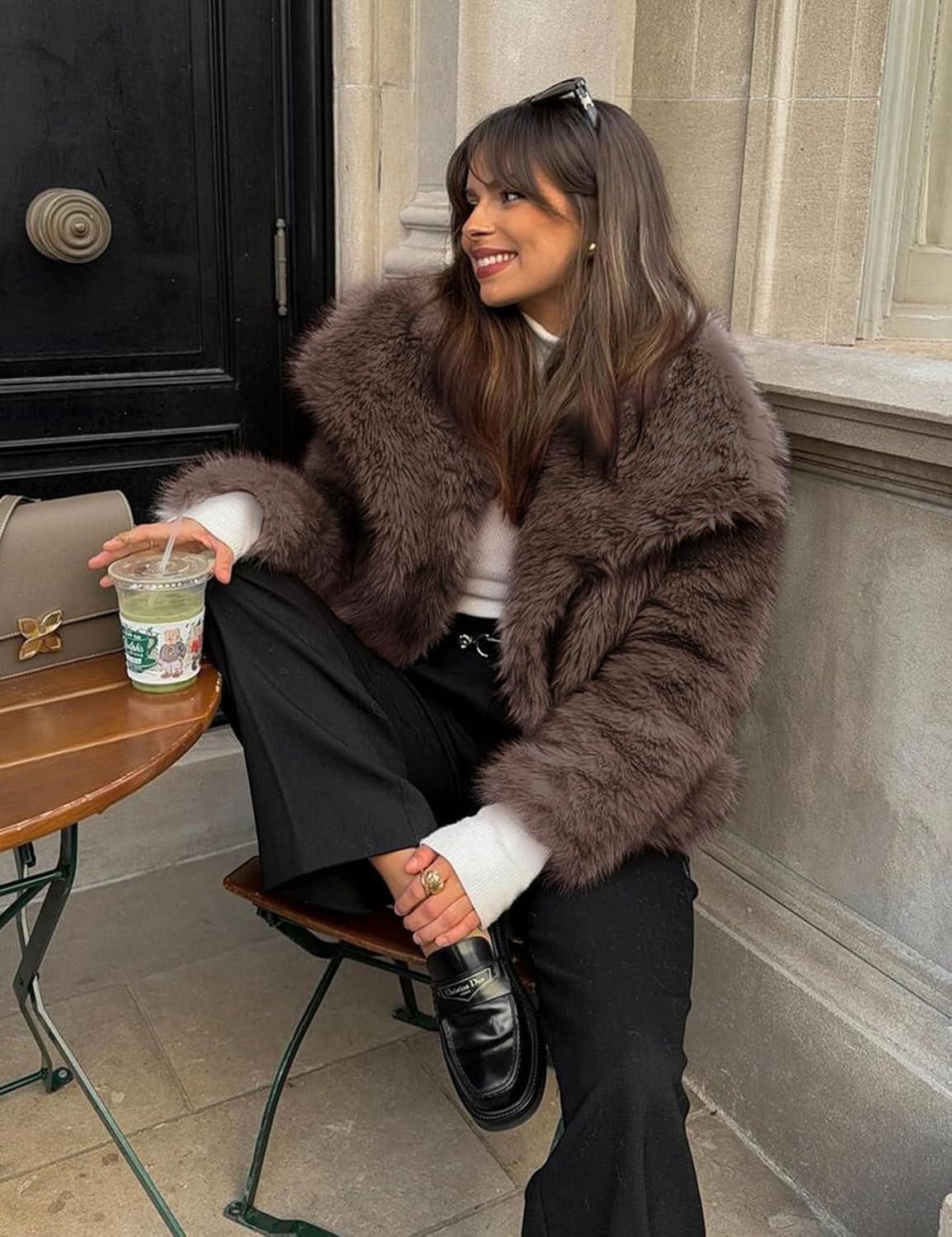 imageYimoon Womens Faux Fur Coat Lapel Open Front Fluffy Shaggy Jacket Winter Warm Furry OvercoatCoffee