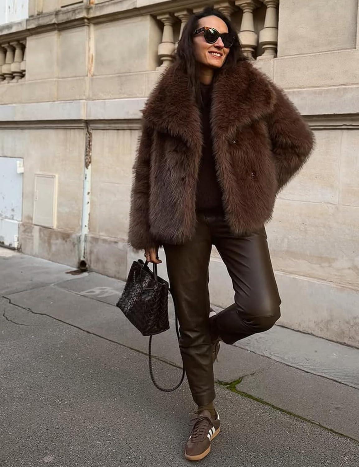 imageYimoon Womens Faux Fur Coat Lapel Open Front Fluffy Shaggy Jacket Winter Warm Furry OvercoatCoffee