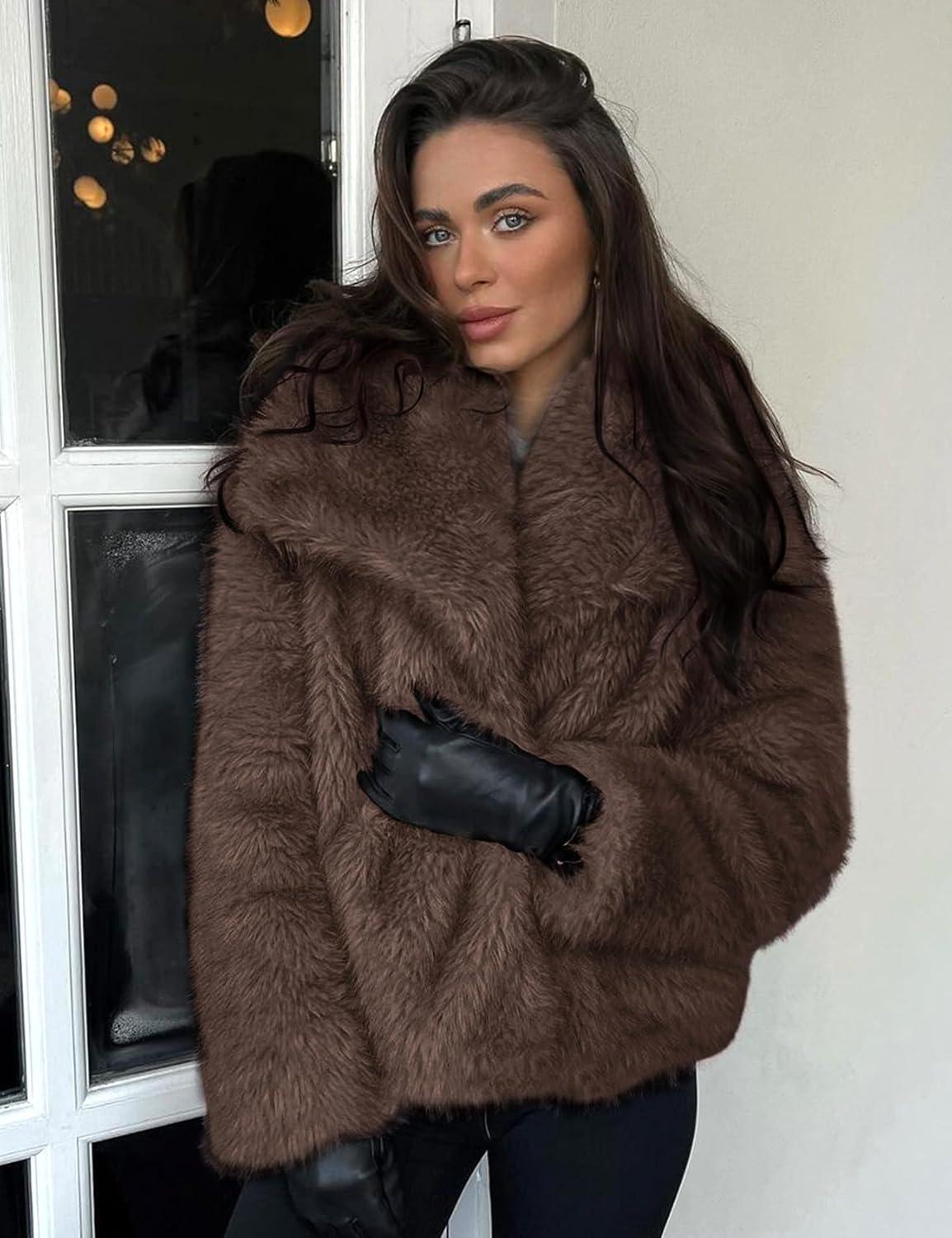 imageYimoon Womens Faux Fur Coat Lapel Open Front Fluffy Shaggy Jacket Winter Warm Furry OvercoatCoffee