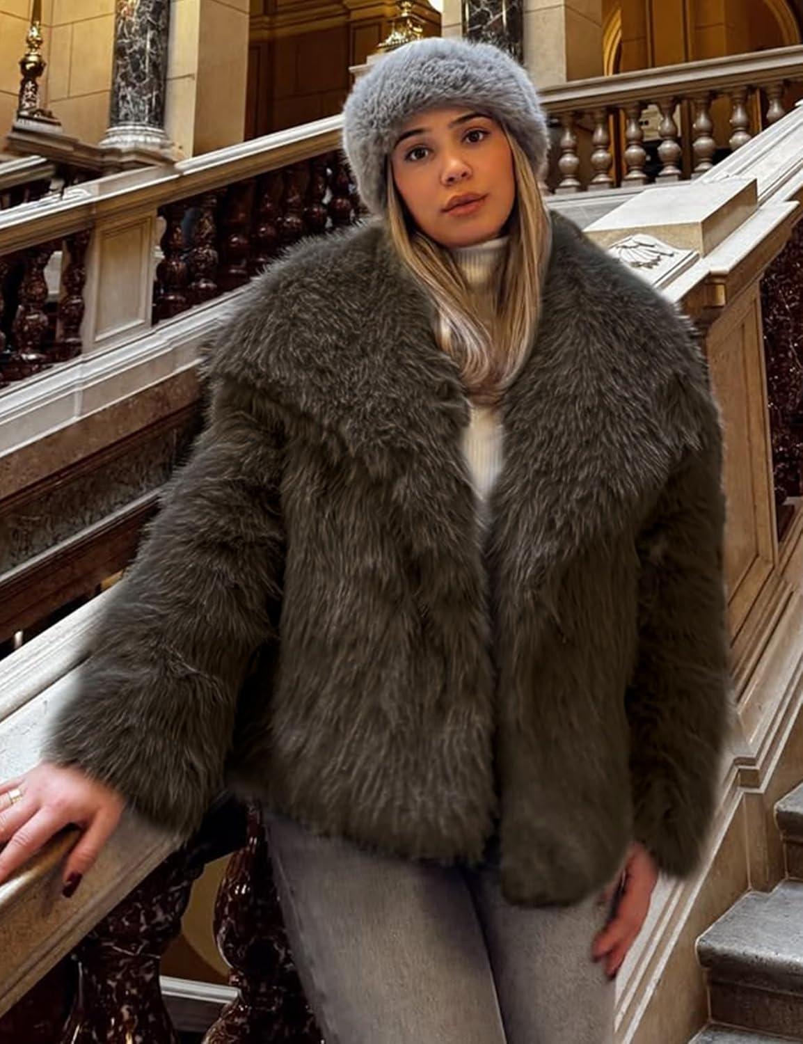 imageYimoon Womens Faux Fur Coat Lapel Open Front Fluffy Shaggy Jacket Winter Warm Furry OvercoatDarkbrown