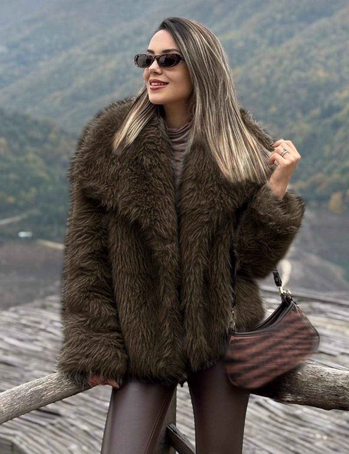 imageYimoon Womens Faux Fur Coat Lapel Open Front Fluffy Shaggy Jacket Winter Warm Furry OvercoatDarkbrown