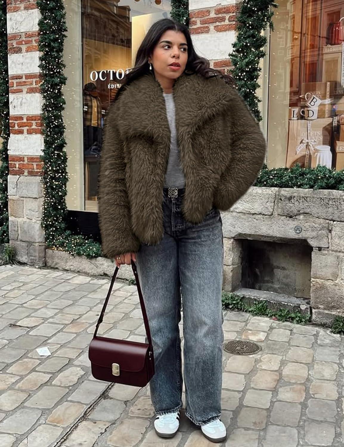 imageYimoon Womens Faux Fur Coat Lapel Open Front Fluffy Shaggy Jacket Winter Warm Furry OvercoatDarkbrown