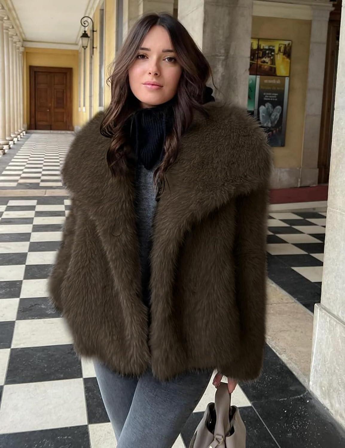 imageYimoon Womens Faux Fur Coat Lapel Open Front Fluffy Shaggy Jacket Winter Warm Furry OvercoatDarkbrown