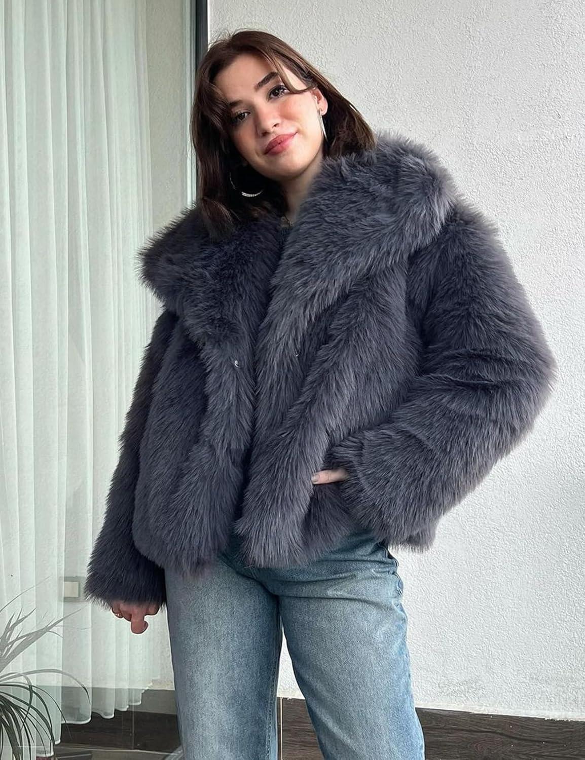 imageYimoon Womens Faux Fur Coat Lapel Open Front Fluffy Shaggy Jacket Winter Warm Furry OvercoatDarkgrey