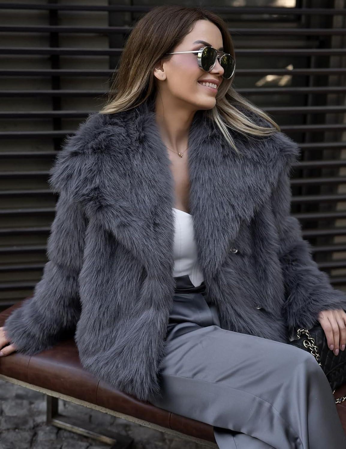 imageYimoon Womens Faux Fur Coat Lapel Open Front Fluffy Shaggy Jacket Winter Warm Furry OvercoatDarkgrey