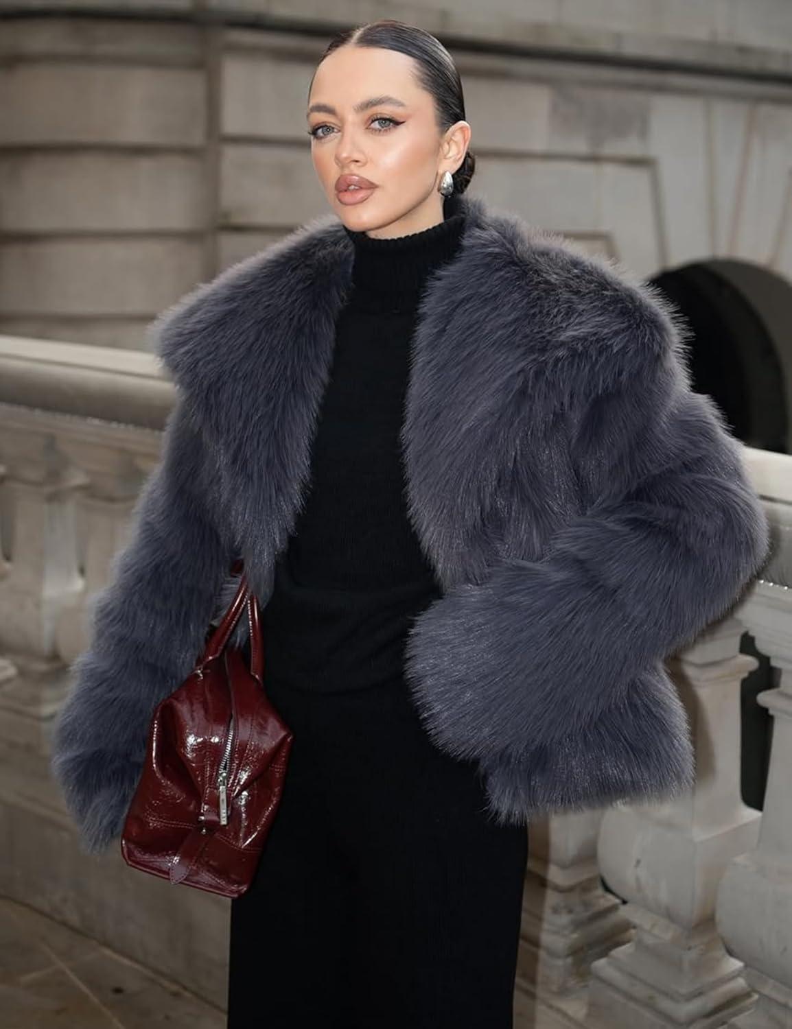 imageYimoon Womens Faux Fur Coat Lapel Open Front Fluffy Shaggy Jacket Winter Warm Furry OvercoatDarkgrey