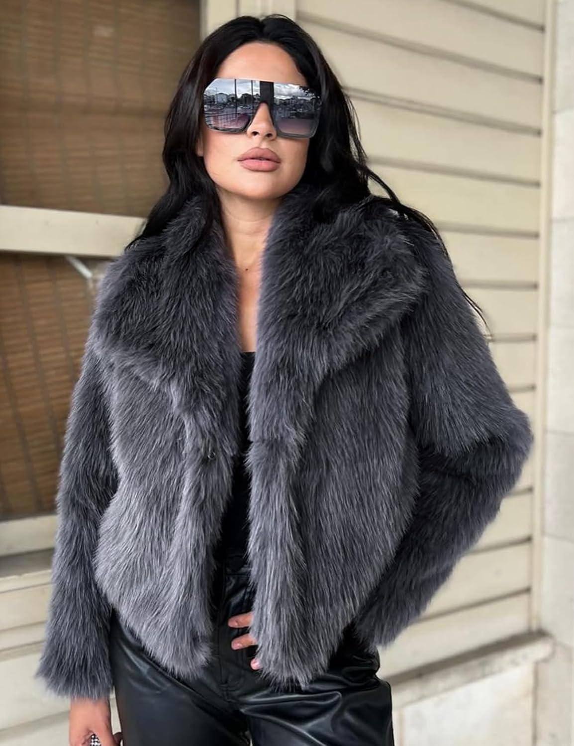 imageYimoon Womens Faux Fur Coat Lapel Open Front Fluffy Shaggy Jacket Winter Warm Furry OvercoatDarkgrey