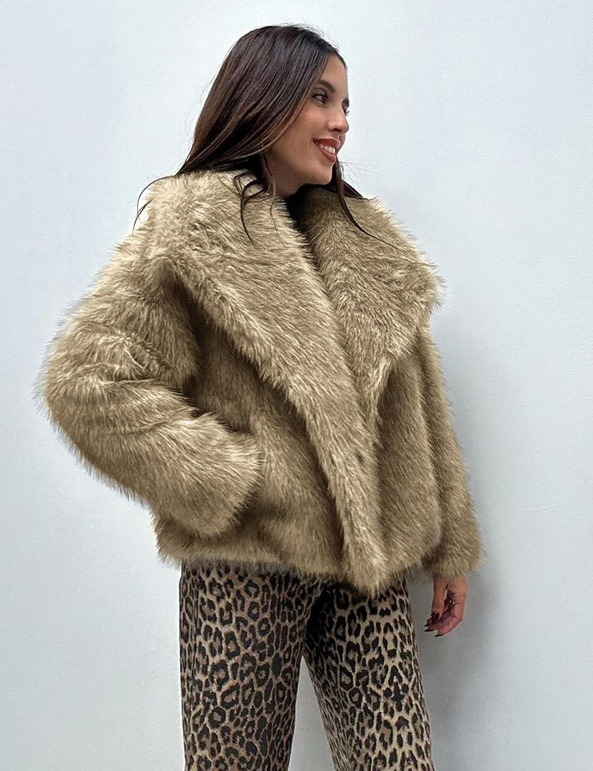 imageYimoon Womens Faux Fur Coat Lapel Open Front Fluffy Shaggy Jacket Winter Warm Furry OvercoatKhaki