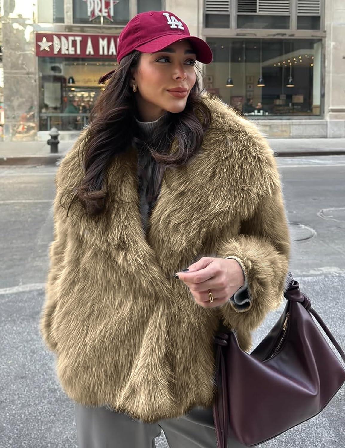 imageYimoon Womens Faux Fur Coat Lapel Open Front Fluffy Shaggy Jacket Winter Warm Furry OvercoatKhaki