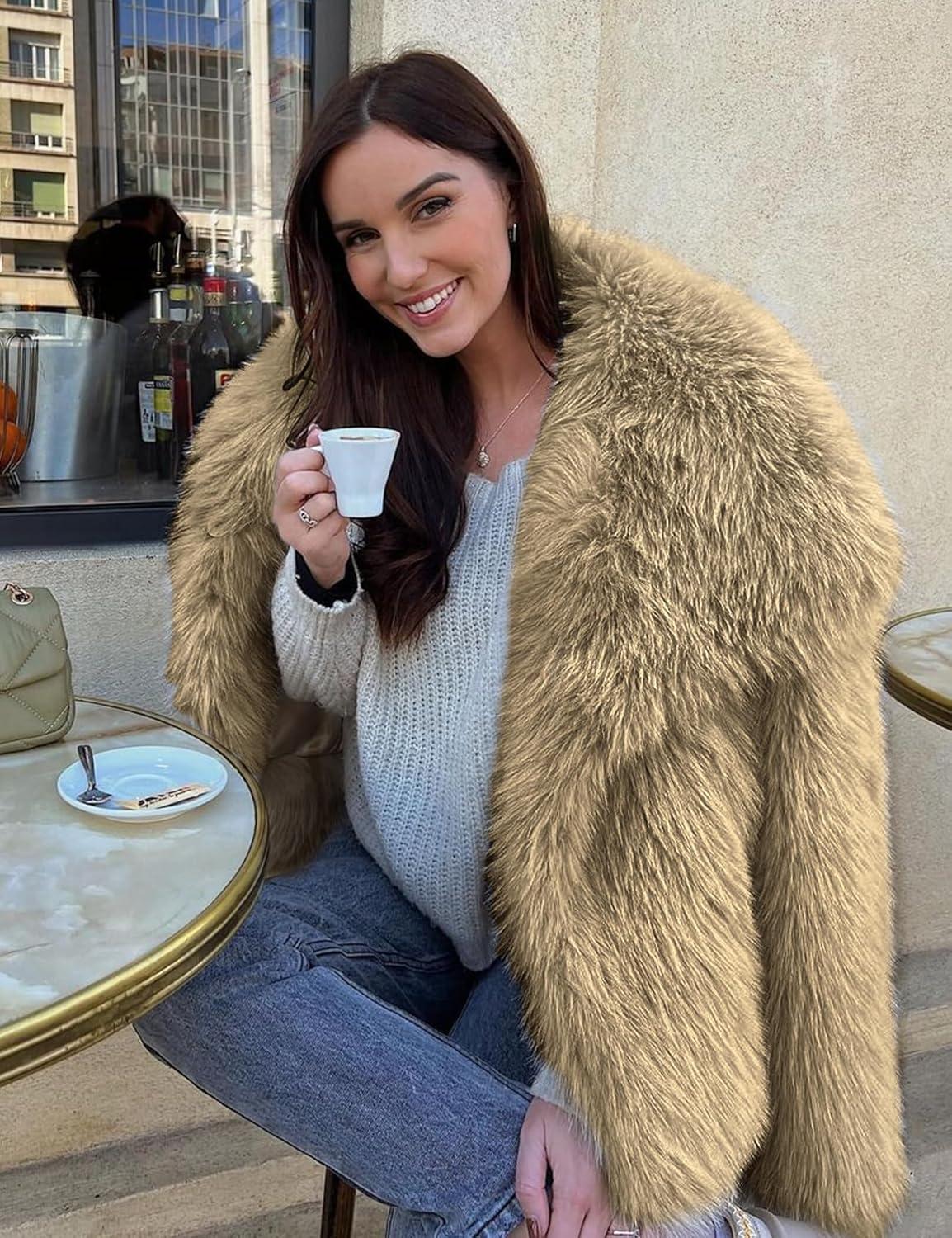 imageYimoon Womens Faux Fur Coat Lapel Open Front Fluffy Shaggy Jacket Winter Warm Furry OvercoatKhaki