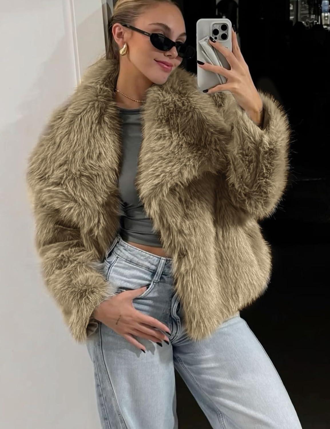 imageYimoon Womens Faux Fur Coat Lapel Open Front Fluffy Shaggy Jacket Winter Warm Furry OvercoatKhaki