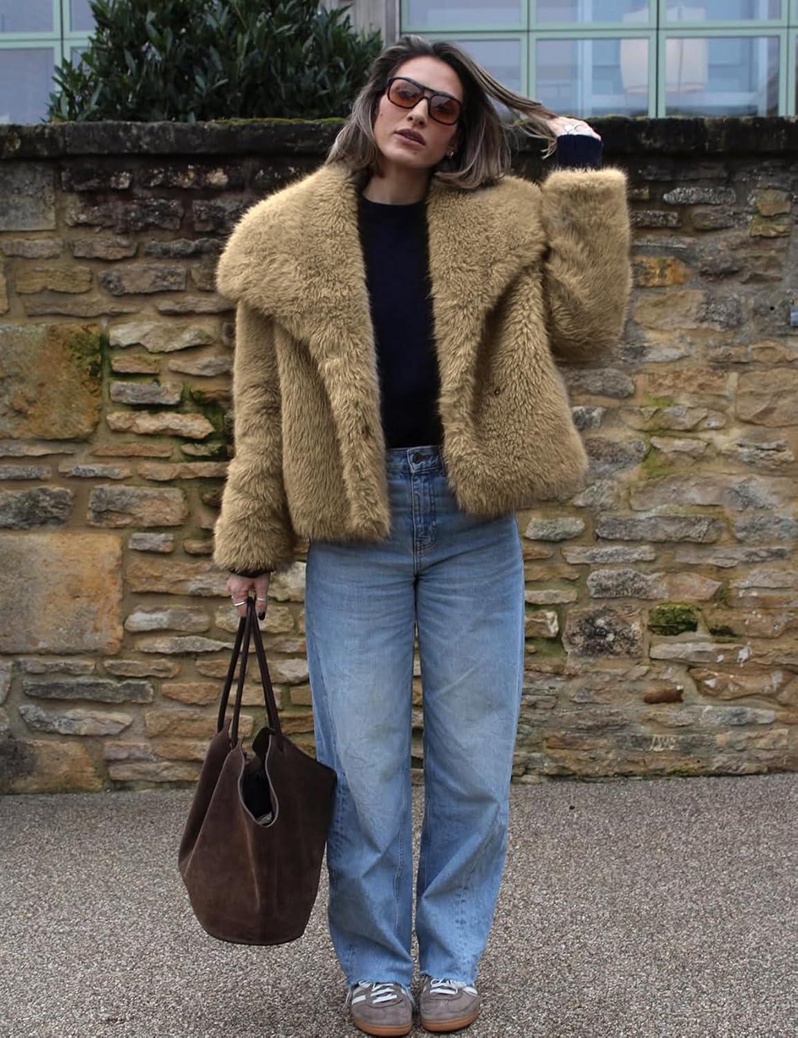 imageYimoon Womens Faux Fur Coat Lapel Open Front Fluffy Shaggy Jacket Winter Warm Furry OvercoatKhaki