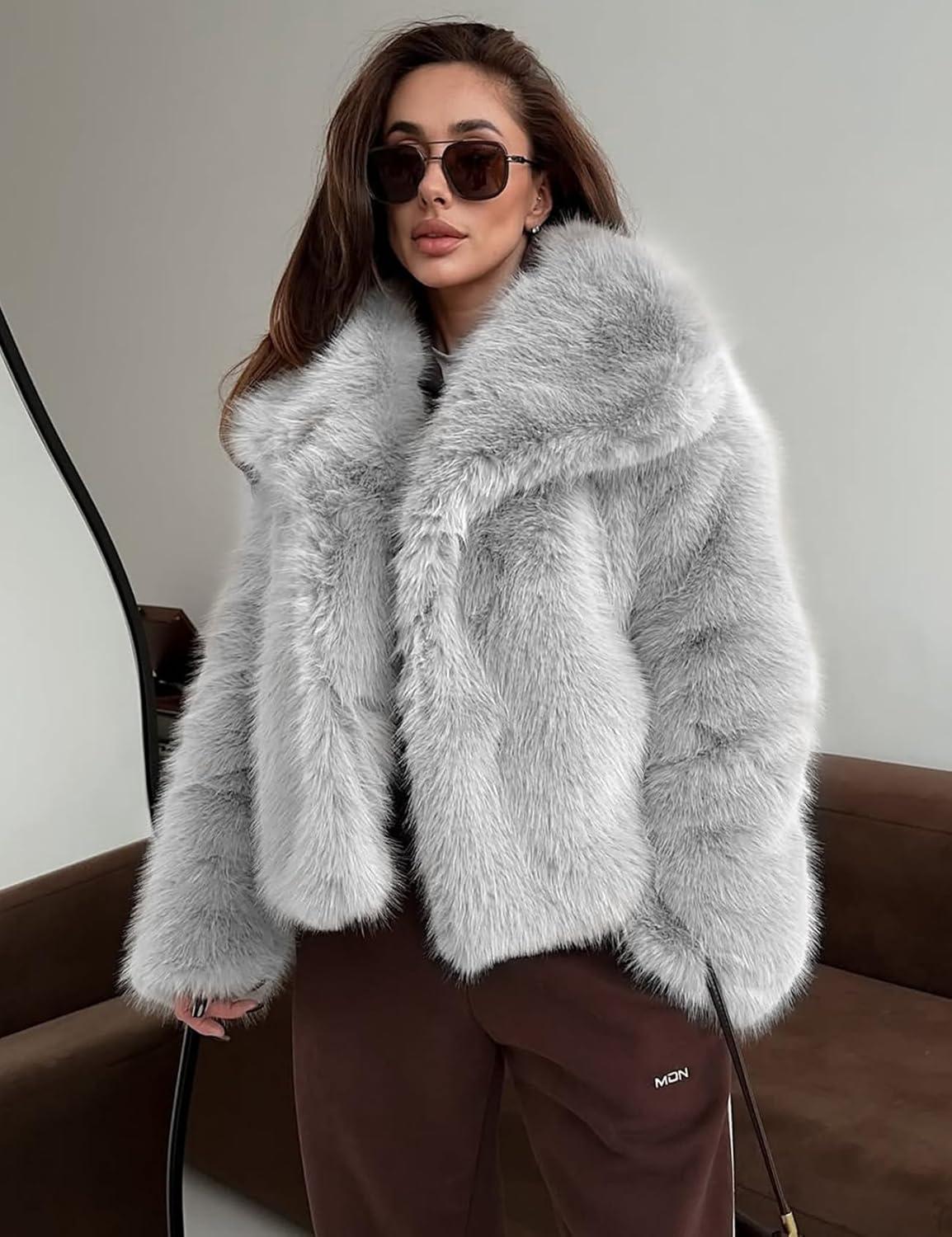 imageYimoon Womens Faux Fur Coat Lapel Open Front Fluffy Shaggy Jacket Winter Warm Furry OvercoatLightgrey