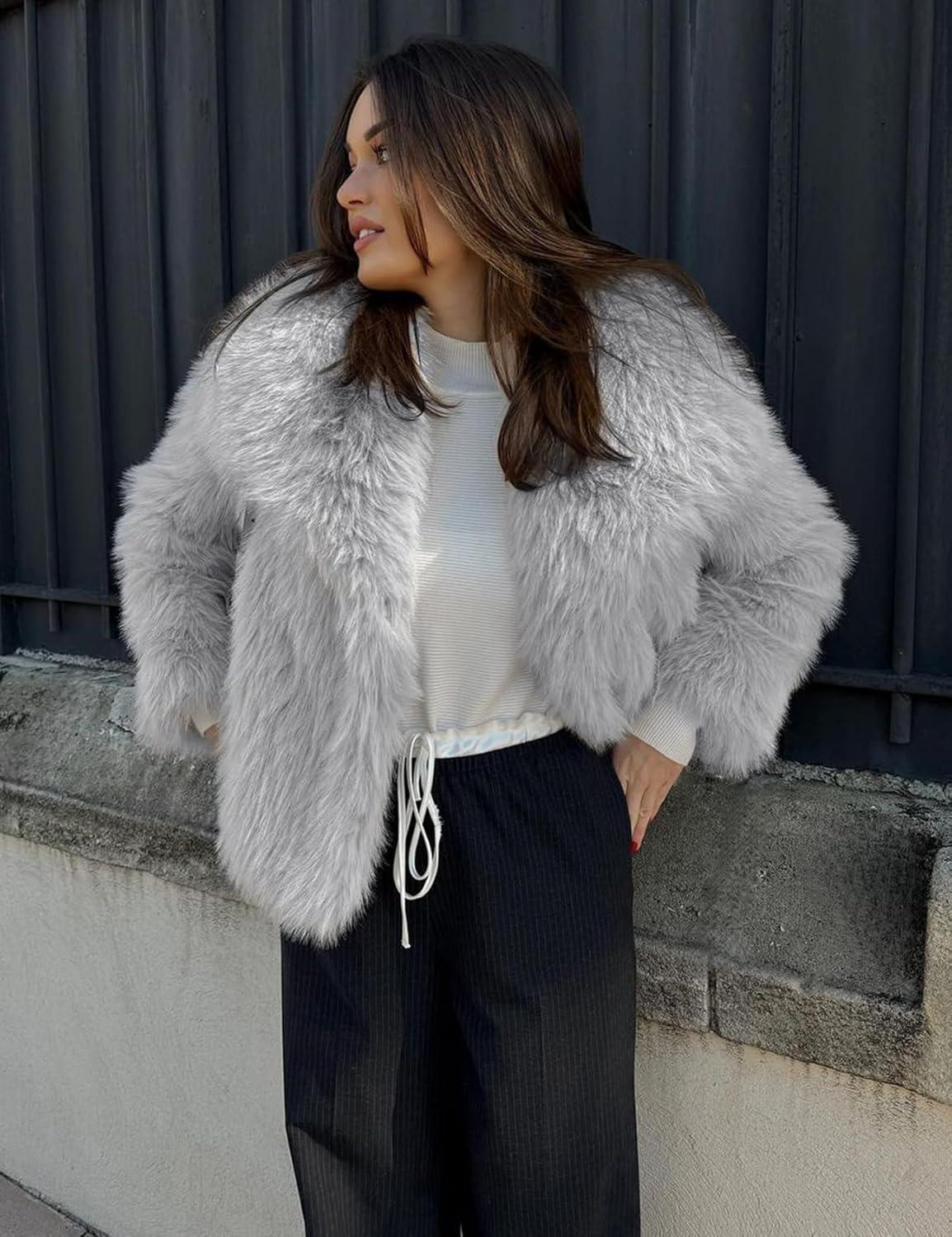 imageYimoon Womens Faux Fur Coat Lapel Open Front Fluffy Shaggy Jacket Winter Warm Furry OvercoatLightgrey