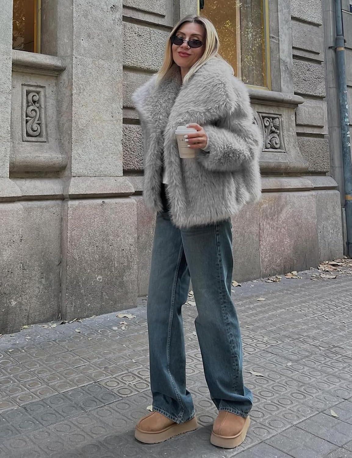 imageYimoon Womens Faux Fur Coat Lapel Open Front Fluffy Shaggy Jacket Winter Warm Furry OvercoatLightgrey