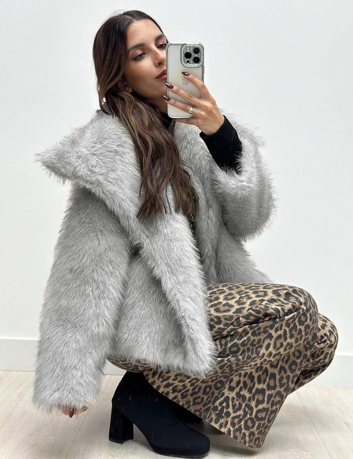 imageYimoon Womens Faux Fur Coat Lapel Open Front Fluffy Shaggy Jacket Winter Warm Furry OvercoatLightgrey