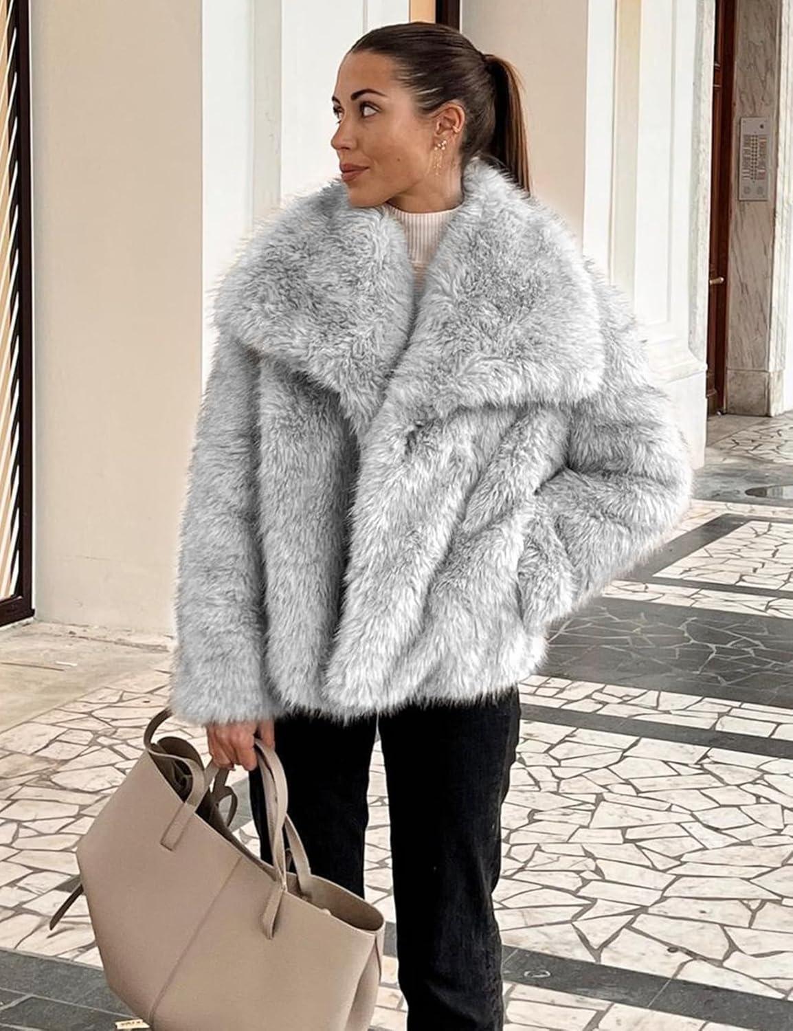imageYimoon Womens Faux Fur Coat Lapel Open Front Fluffy Shaggy Jacket Winter Warm Furry OvercoatLightgrey