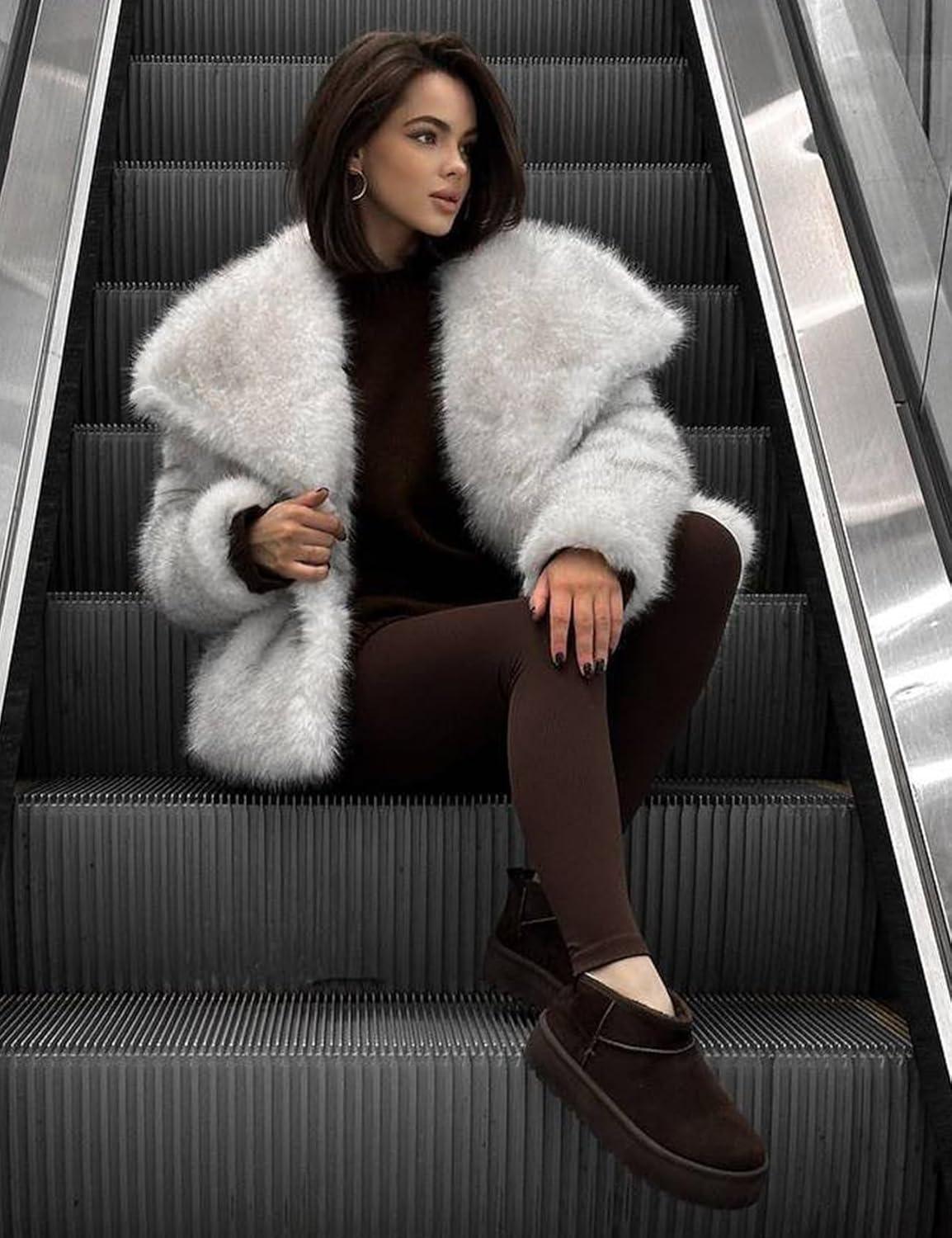 imageYimoon Womens Faux Fur Coat Lapel Open Front Fluffy Shaggy Jacket Winter Warm Furry OvercoatMixwhite