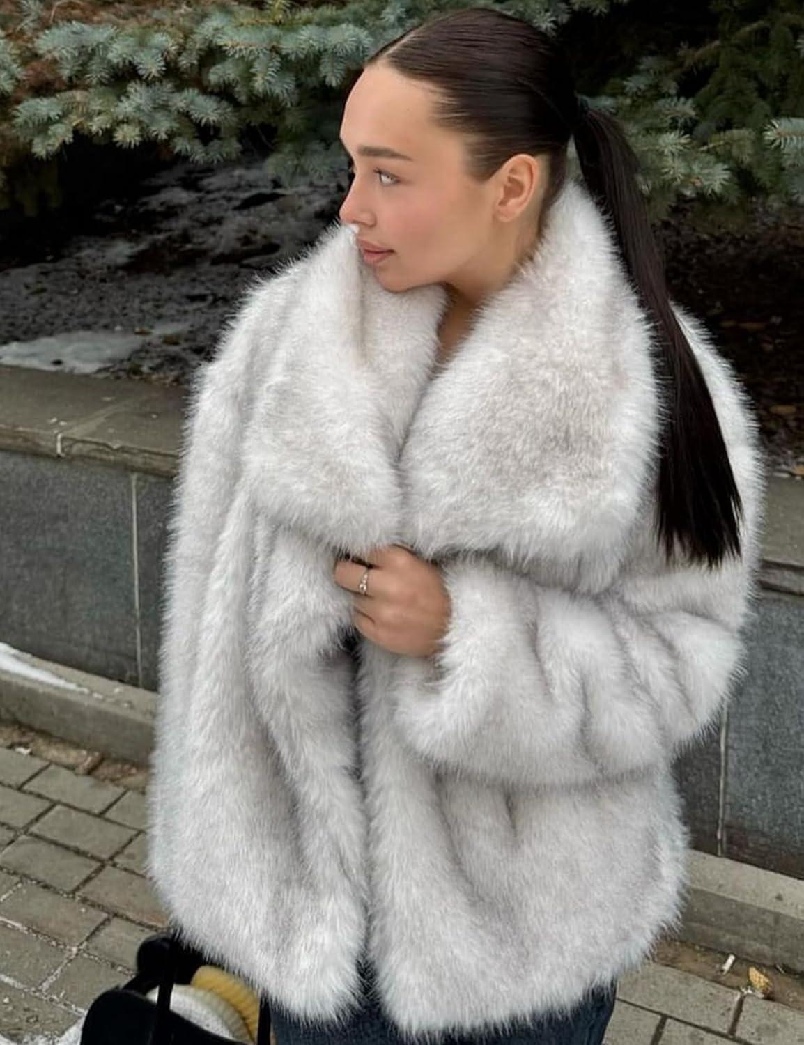 imageYimoon Womens Faux Fur Coat Lapel Open Front Fluffy Shaggy Jacket Winter Warm Furry OvercoatMixwhite
