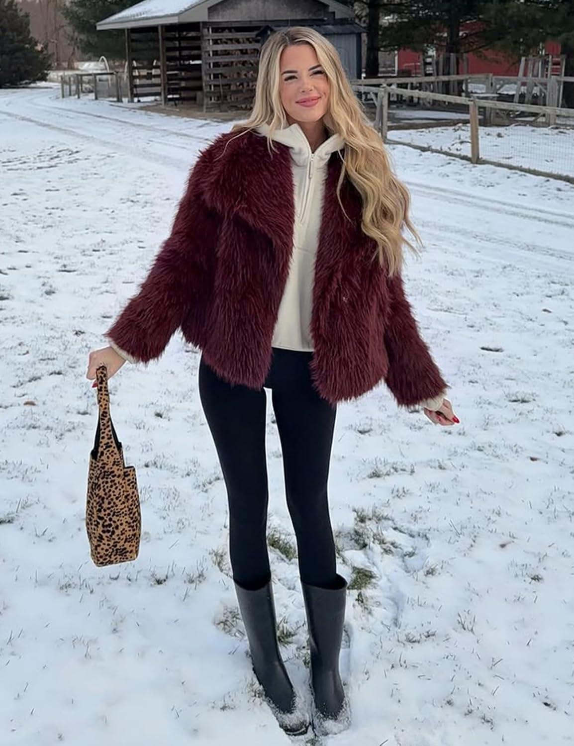 imageYimoon Womens Faux Fur Coat Lapel Open Front Fluffy Shaggy Jacket Winter Warm Furry OvercoatWinered