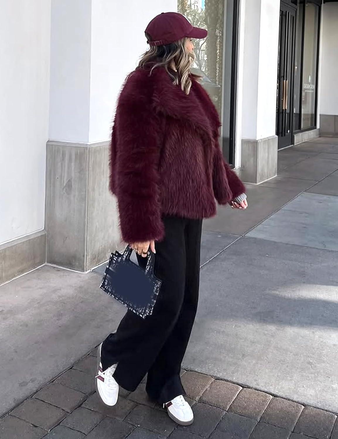 imageYimoon Womens Faux Fur Coat Lapel Open Front Fluffy Shaggy Jacket Winter Warm Furry OvercoatWinered