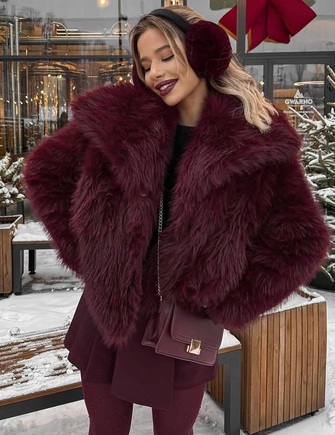imageYimoon Womens Faux Fur Coat Lapel Open Front Fluffy Shaggy Jacket Winter Warm Furry OvercoatWinered