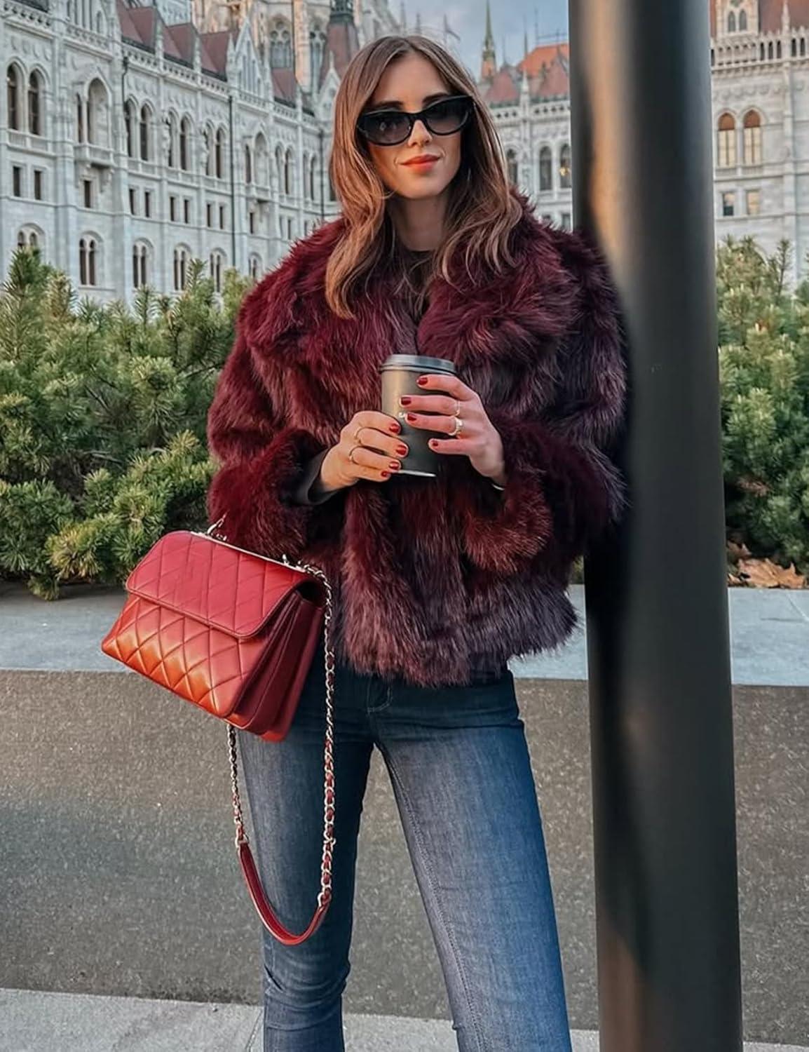 imageYimoon Womens Faux Fur Coat Lapel Open Front Fluffy Shaggy Jacket Winter Warm Furry OvercoatWinered