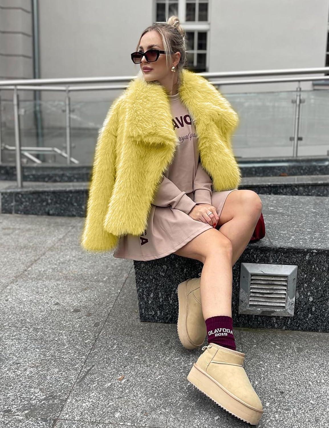 imageYimoon Womens Faux Fur Coat Lapel Open Front Fluffy Shaggy Jacket Winter Warm Furry OvercoatYellow